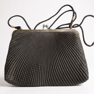 Black Pleated Clutch Evening Bag Metal Frame‎ Strap Women's
